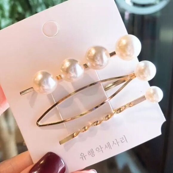 Set of 3 Pearl Gold Tone Hair Pins Barrettes NWT - Picture 4 of 5